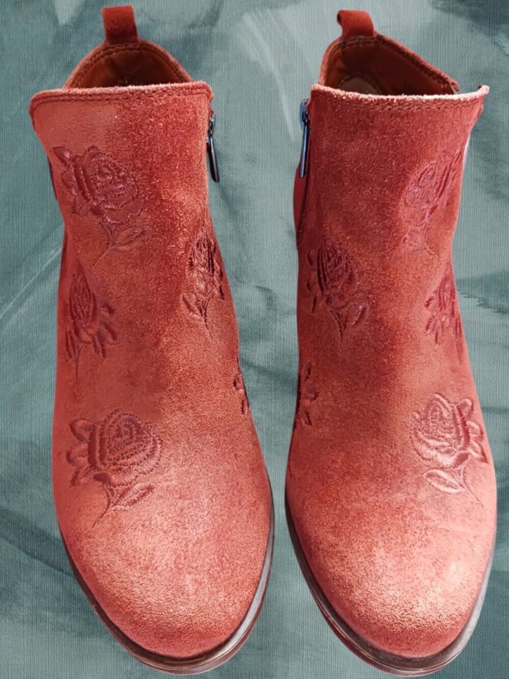 Lucky Brand Suede Ankle Boots W/ Floral Embroidery & Side Zip Terracota Size 6.5 - Picture 14 of 14